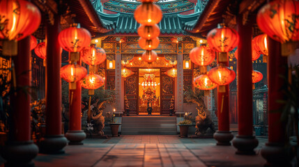 Obraz premium Chinese new year, Decorated temple, Chinese lanterns, Chinese temple, festival, prosperity and luck, decorations with red background