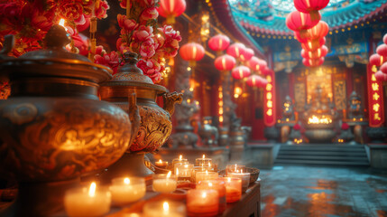 Chinese new year, Decorated temple, Chinese lanterns, Chinese temple, festival, prosperity and luck, decorations with red background