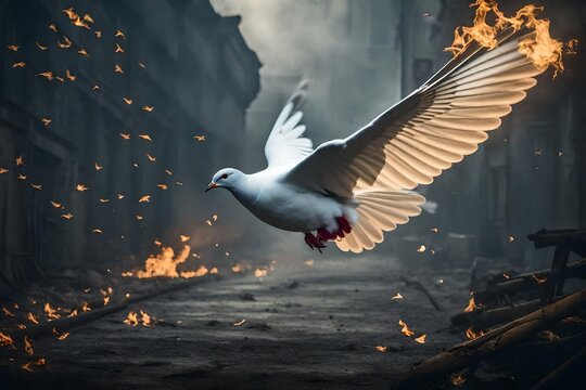 Imagine a dialogue between characters discussing the urgent need for global unity and peace, inspired by the vision of a dove against a burning planet.