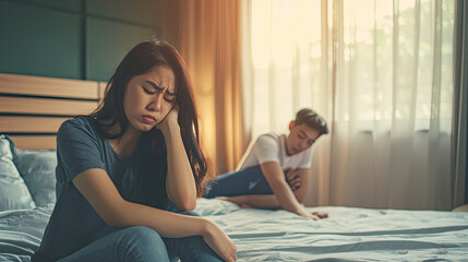 Unhappy - stressful Asian woman sitting and crying on the bed while her husband sleeping, a family and post marriage problem. Arguing Asian young couple with bad - negative relationship. - obrazy, fototapety, plakaty