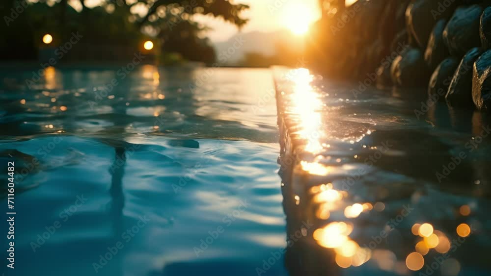 Poster as the sun sets, the last rays of light create a soft glow on the surface of the pool, providing a s