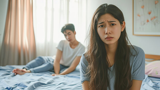 Unhappy - stressful Asian woman sitting and crying on the bed while her husband sleeping, a family and post marriage problem. Arguing Asian young couple with bad - negative relationship.