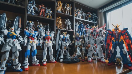 Japanese famous giant robot anime toy characters. Gundam models. Generative AI - obrazy, fototapety, plakaty