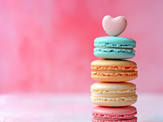Fototapeta na wymiar A stack of macaroons with a heart shape on the top. Valentines day treat