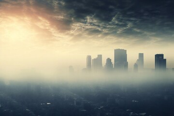 A city skyline with smog, fog and smoke.Air pollution of the city, environmental problem. Generative Ai