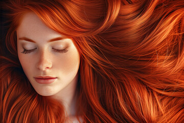 Obraz premium Sensual sexy beauty portrait of a red haired young woman with a healthy shiny long hair in a perfect red hair color. Closeup portrait banner