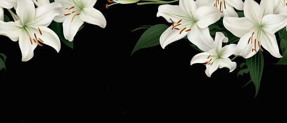 Background with Luxury golden lily flower Close-up of white lily flowers on black background. Condolences  postcard .