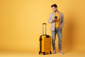 Fototapeta na wymiar Happy young man traveler drag luggage isolated on yellow background, Tourist male having cheerful holiday trip concept, Full body composition