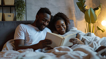 Young calm african loving couple girl guy in white t-shirts reading book lying on bed under blanket...