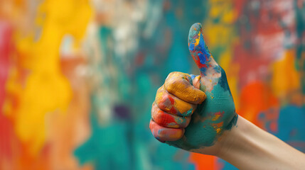 Paint-covered thumb up against colorful backdrop.
