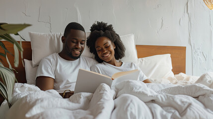 Young calm african loving couple girl guy in white t-shirts reading book lying on bed under blanket indoors in bedroom at home spending time in room. Rest relax good mood quarantine lifestyle concept