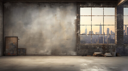 Industrial loft interior with city view and smoke. 3D Rendering