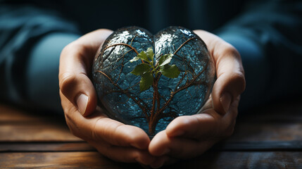 Hands holding a glass heart with a plant sprout inside. Conceptual image of nature care, fragility, growth, ecology, climate change, enviroment. Person taking care of planet earth. - obrazy, fototapety, plakaty