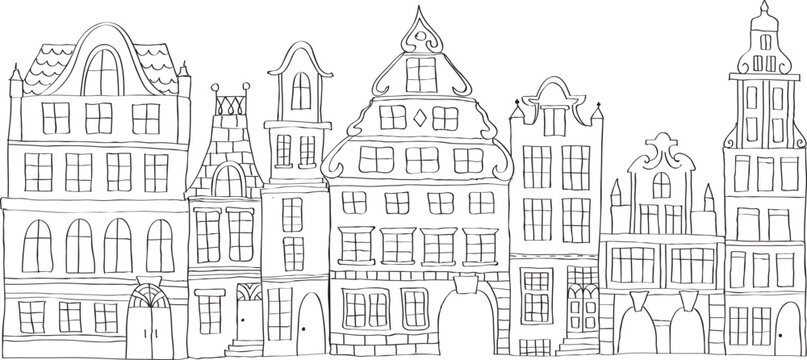 "
Tenement houses. Old, historical houses around the town market. Simple line design. Black and white. No background"
