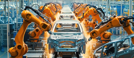 Car manufacturer. Car Factory Digitalization Industry. Automated Robot Arm Assembly Line Manufacturing High-Tech Electric Vehicles