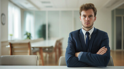 Serious businessman with arms crossed in office. - obrazy, fototapety, plakaty