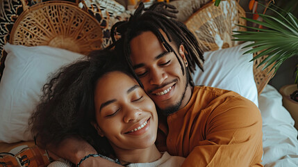 Young multiethnic couple hugging lying bed at home cuddling - obrazy, fototapety, plakaty