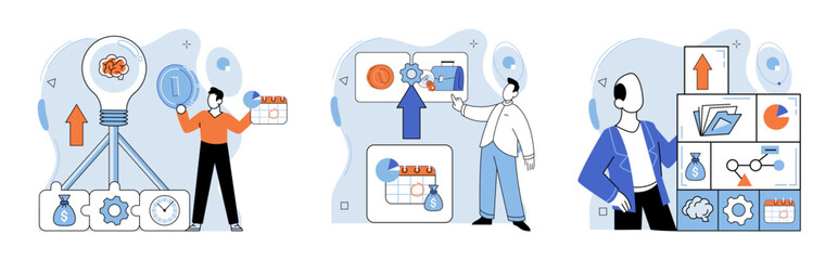 Business development. Vector illustration. Banking technology streamlines financial transactions for convenience Marketing strategies adapt to evolving consumer preferences Strong management resolves