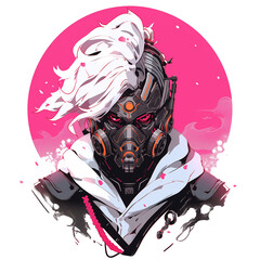 Digital Art Cyberpunk Ninja on White Background Isolated