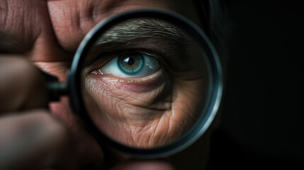 Eye magnified through a lens with sharp focus.