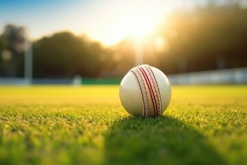Cricket ball on bat on green cricket pitch.