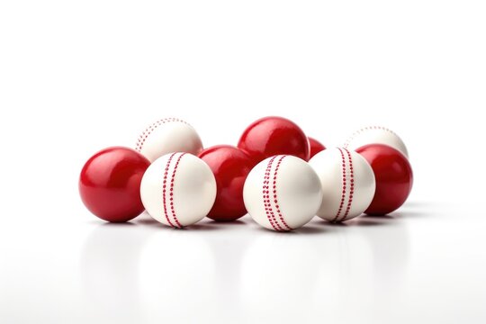 Isolated cricket balls: red and white.