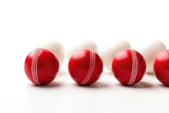 Isolated cricket balls: red and white.
