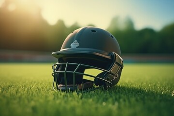 Cricket fans helmet on green grass with focused lights.