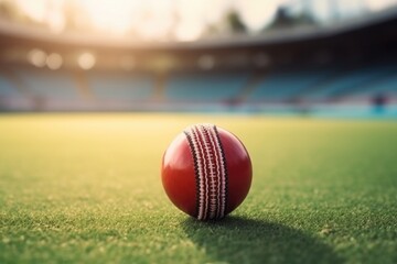 Leather ball on cricket bat at stadium pitch.