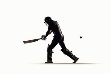 Silhouette of cricket player batting on white background.