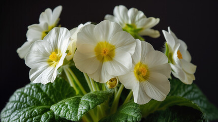 Fototapeta na wymiar White primroses against a dark background.