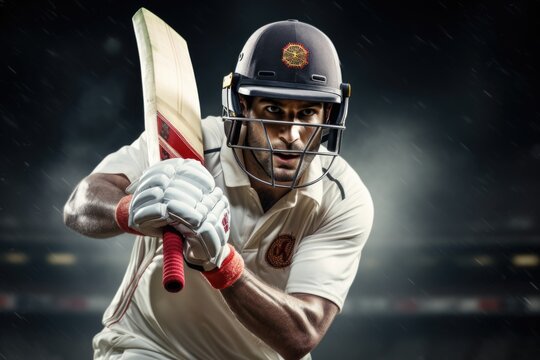 Closeup of cricket batsman batting ball