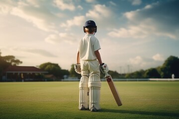 Child playing cricket with bat on pitch.