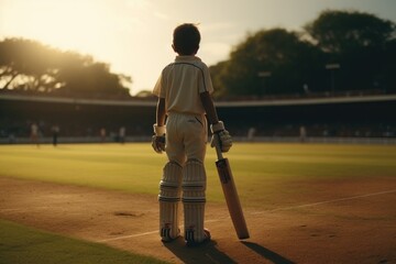 Child playing cricket with bat on pitch.