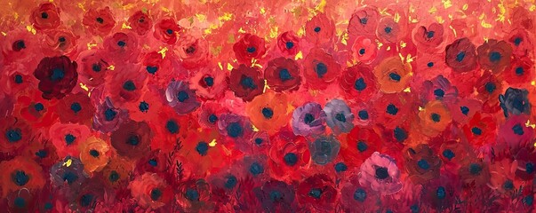 Crimson red flower field. Beautiful abstract nature header web banner design in bright colors