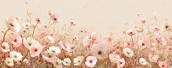 Pink and cream flower field. Beautiful nature header web banner design in soft colors