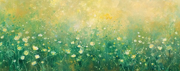 Green flower field. Nature header web banner background design in soft colors