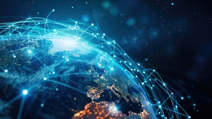 Digital data network conveying global abstract illustration of a scientific technology data network surrounding planet earth conveying connectivity
