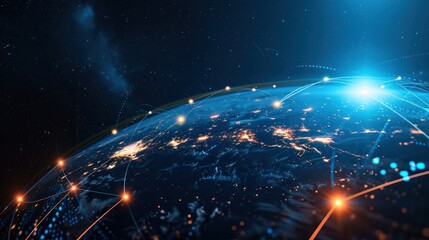 Digital data network conveying global abstract illustration of a scientific technology data network surrounding planet earth conveying connectivity