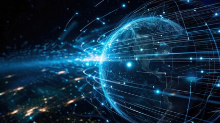 Digital data network conveying global abstract illustration of a scientific technology data network surrounding planet earth conveying connectivity