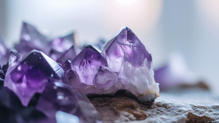 Sharp amethyst crystals against a soft light backdrop