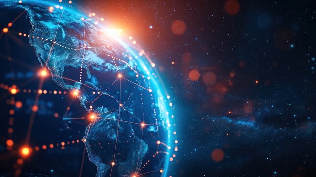 Digital data network conveying global abstract illustration of a scientific technology data network surrounding planet earth conveying connectivity