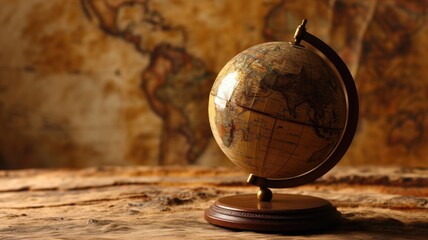 Vintage world globe on a wooden base with a detailed map on a rustic background