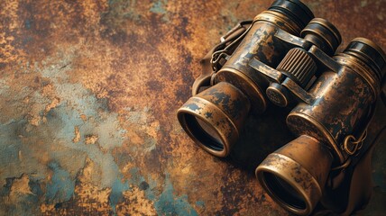 Aged binoculars with a patina on a textured, colorful surface suggest history and adventure - obrazy, fototapety, plakaty