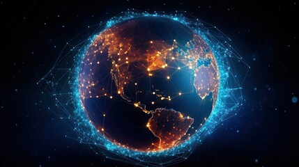 Digital data network conveying global abstract illustration of a scientific technology data network surrounding planet earth conveying connectivity - obrazy, fototapety, plakaty