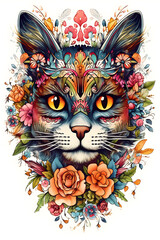  Embroidered Floral Cat Portrait on White