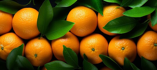 Fresh mandarins and oranges with green leaves in the background, symbolizing natural vibrancy