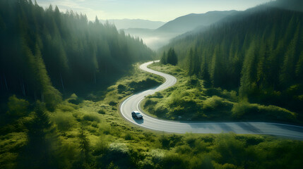 Winding road in the forest among the mountains, view from the mountain. Adventure morning trip in...