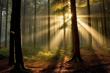 Sunlit misty forest showing rays of sunlight penetrating through the trees. Generative AI