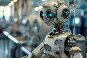 Fototapeta premium highly detailed robot with a metallic body and blue optical sensors that resemble eyes